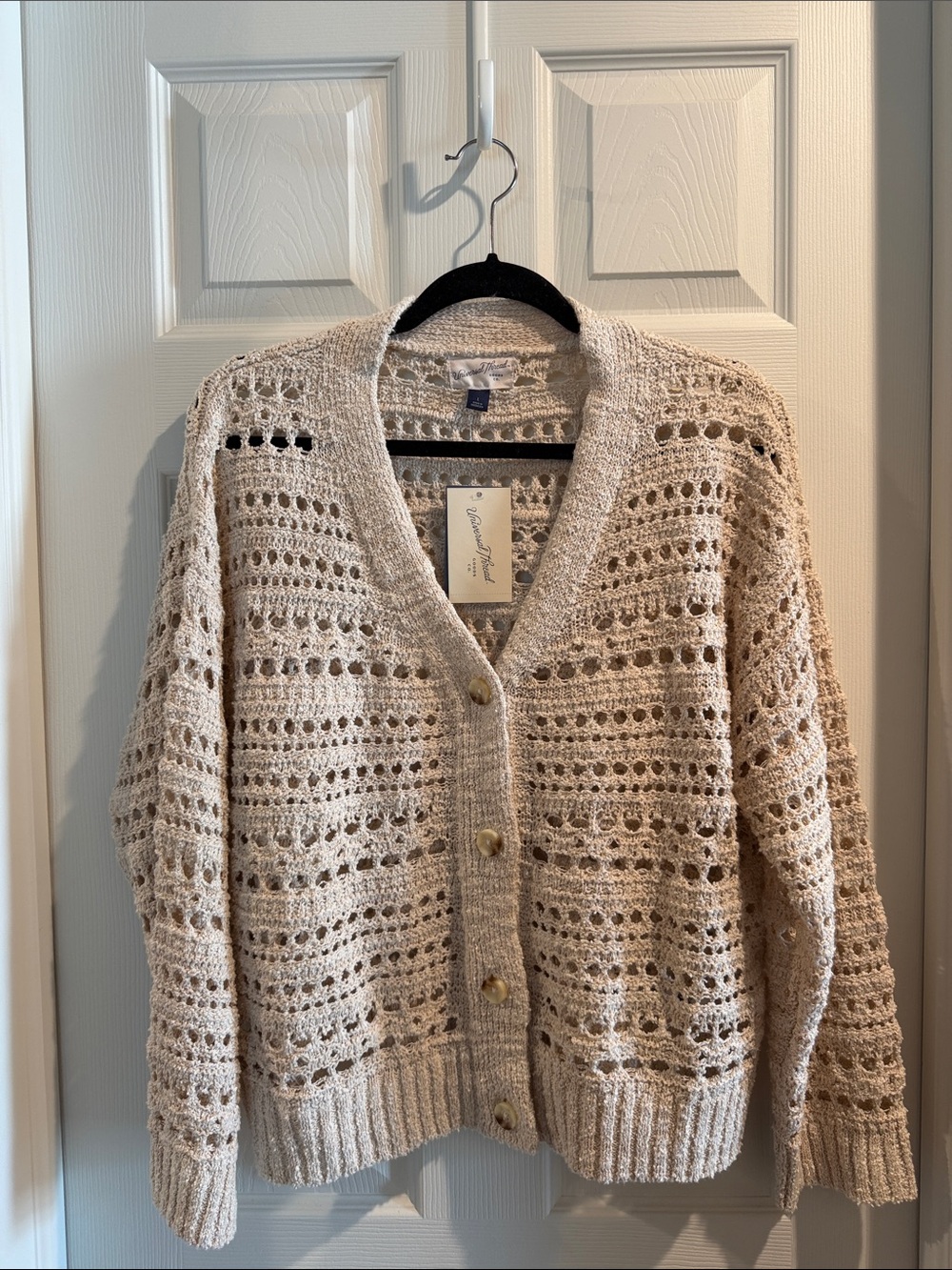 Universal Thread Beige Open-Weave Crochet Button Cardigan